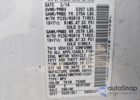 2014 Nissan Murano Le/S/Sl/Sv из США, поврежденный, VIN JN8AZ1MW7EW515391